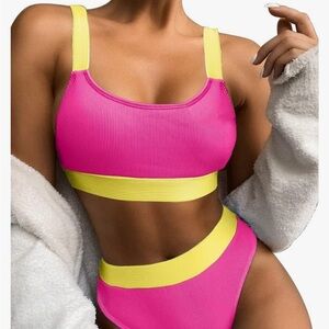 Vibrant Pink and Yellow Women's Swimwear Set high waisted cheekie cut